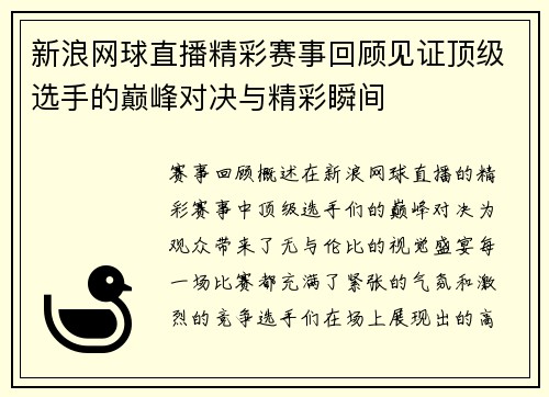 新浪网球直播精彩赛事回顾见证顶级选手的巅峰对决与精彩瞬间